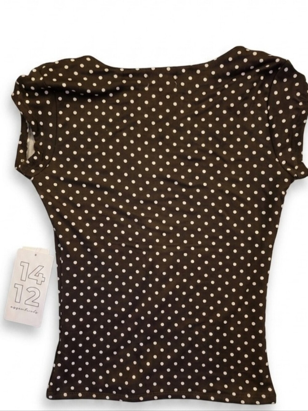 NWT 1412 Polka Dot Vintage Y2K Inspired Lace-Trim V-Neck Top Brown White Medium - Picture 3 of 6